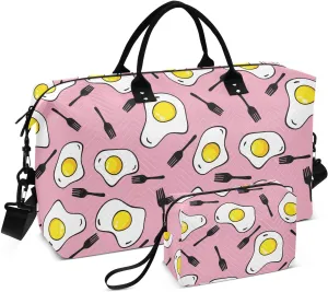 VIGTRO Travel Duffel Bag Weekender Overnight Bag with Toiletry Bag Fried Eggs Forks Pink Background Printed, Carry On Luggage Bag for Hospital Gym Travel Business, 2 Pcs Set