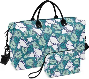 VIGTRO Travel Duffel Bag Weekender Overnight Bag with Toiletry Bag One Dollars with Wings Printed, Carry On Luggage Bag for Hospital Gym Travel Business, 2 Pcs Set