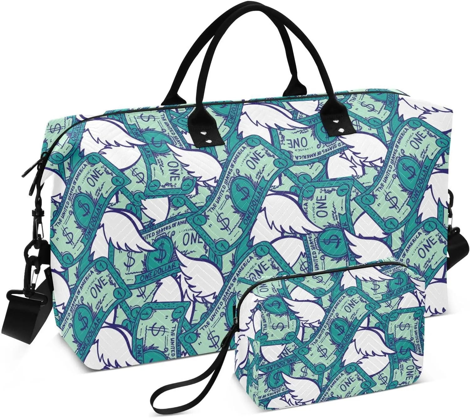 VIGTRO Travel Duffel Bag Weekender Overnight Bag with Toiletry Bag One Dollars with Wings Printed, Carry On Luggage Bag for Hospital Gym Travel Business, 2 Pcs Set