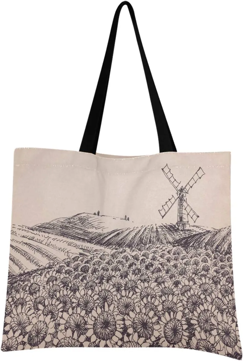 visesunny Women Extra Large Tote Bag Sunflower Hill Artistic Landscape Windmill Shoulder Bags Ladies Beach Travel Reusable Grocery Shopping Portable Storage Handbag