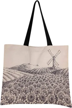 visesunny Women Extra Large Tote Bag Sunflower Hill Artistic Landscape Windmill Shoulder Bags Ladies Beach Travel Reusable Grocery Shopping Portable Storage Handbag