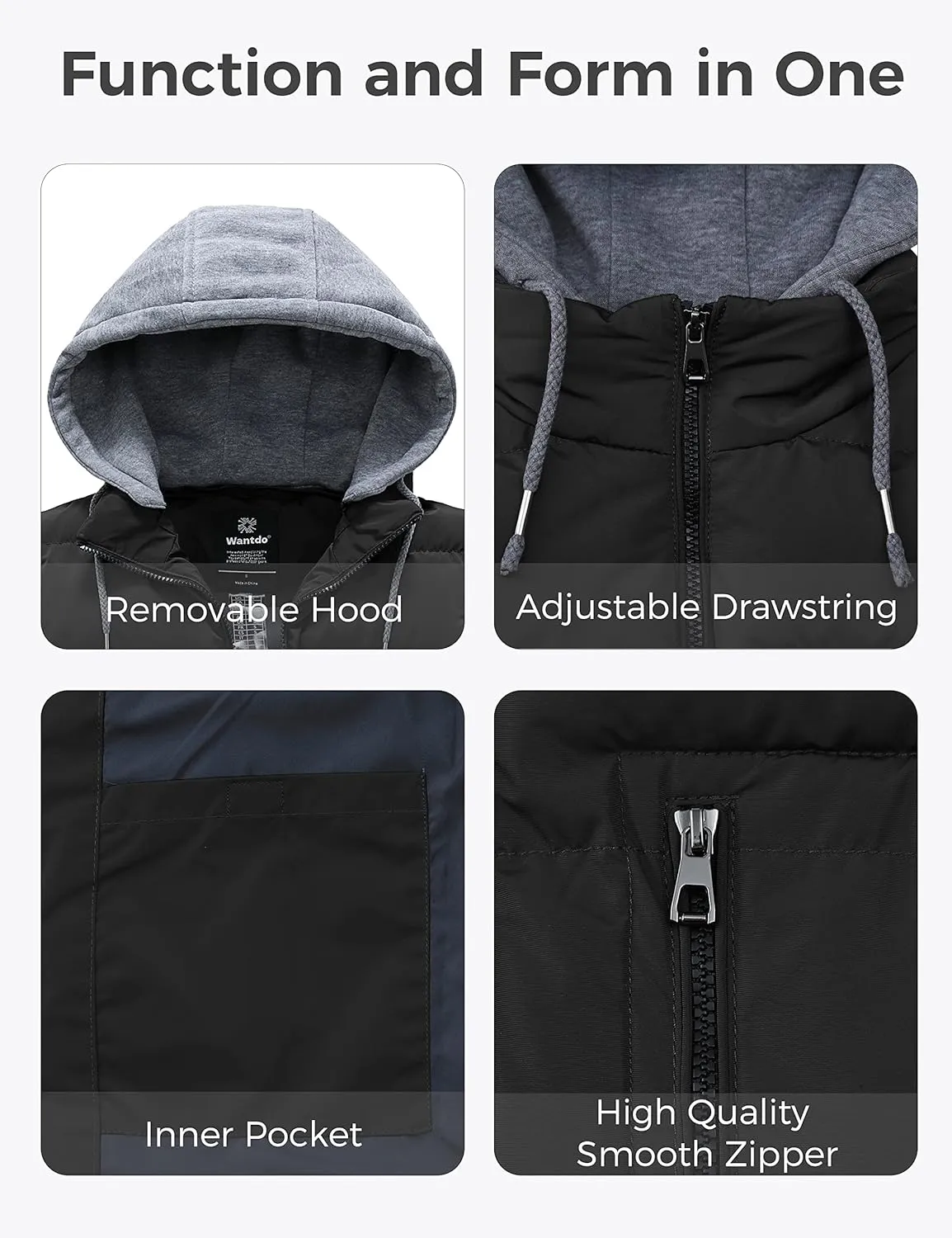 wantdo Men's Winter Vest Thick Padded Sleeveless Jacket Quilted Puffer Vest with Detachable Hood