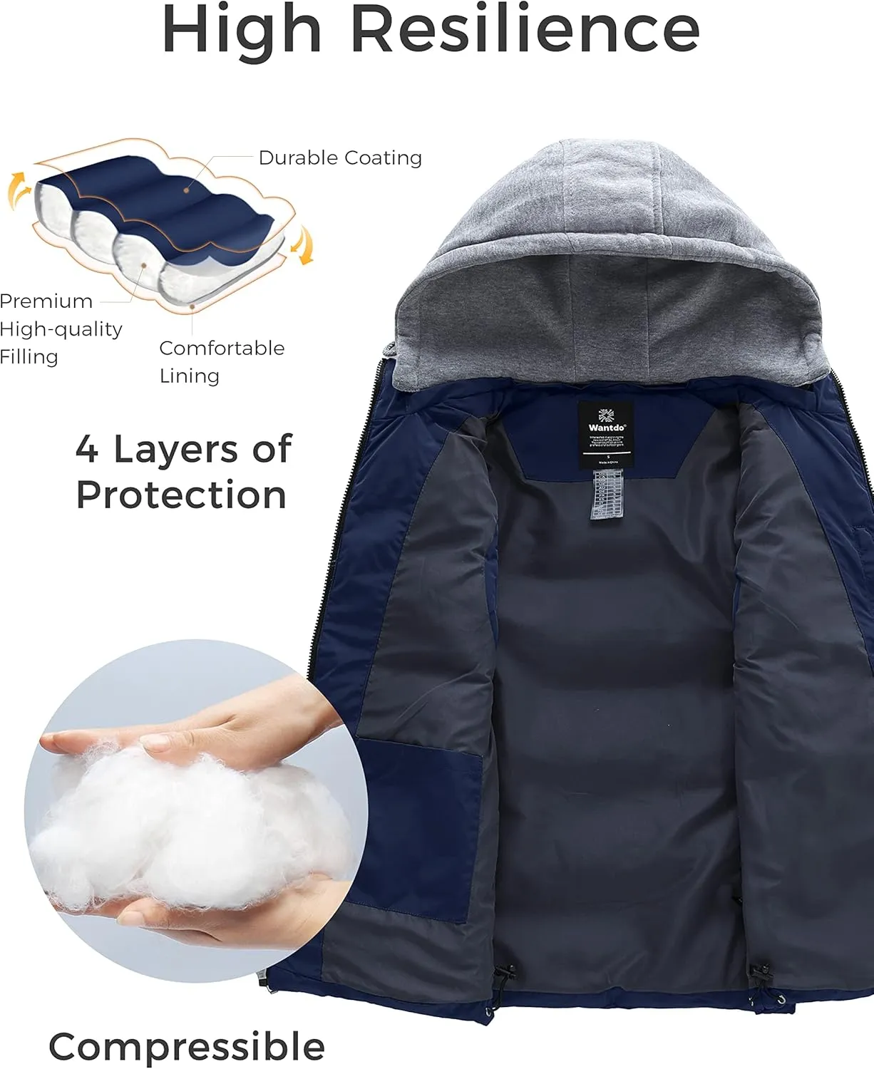 wantdo Men's Winter Vest Thick Padded Sleeveless Jacket Quilted Puffer Vest with Detachable Hood