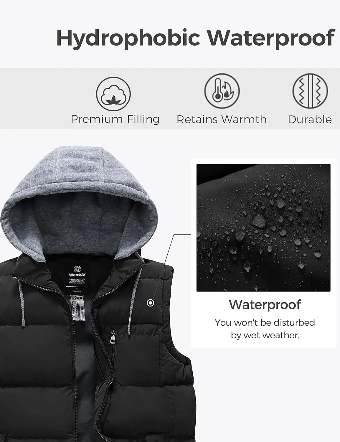 wantdo Men's Winter Vest Thick Padded Sleeveless Jacket Quilted Puffer Vest with Detachable Hood