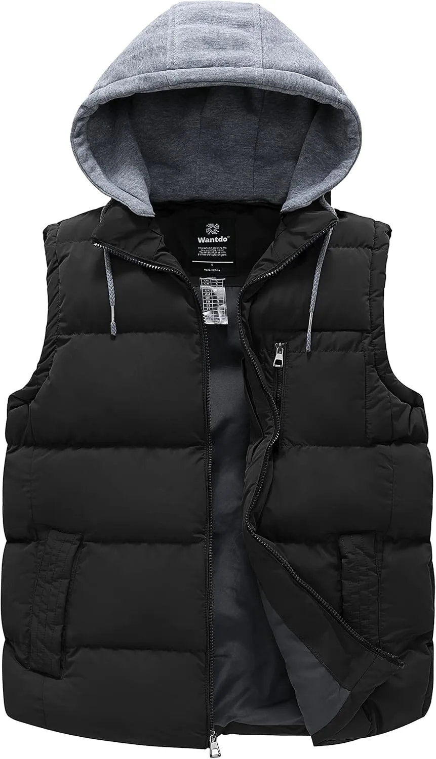 wantdo Men's Winter Vest Thick Padded Sleeveless Jacket Quilted Puffer Vest with Detachable Hood