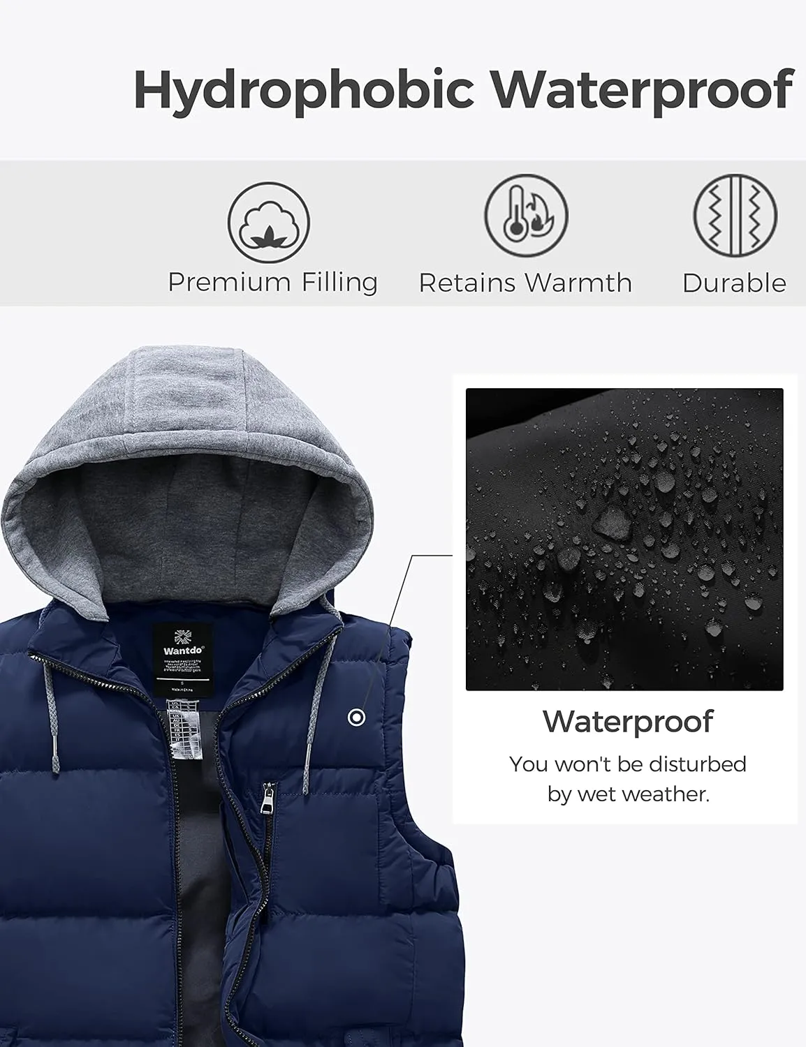 wantdo Men's Winter Vest Thick Padded Sleeveless Jacket Quilted Puffer Vest with Detachable Hood