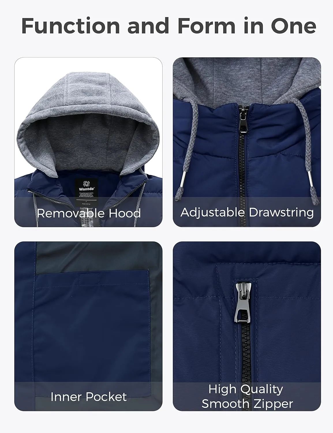 wantdo Men's Winter Vest Thick Padded Sleeveless Jacket Quilted Puffer Vest with Detachable Hood