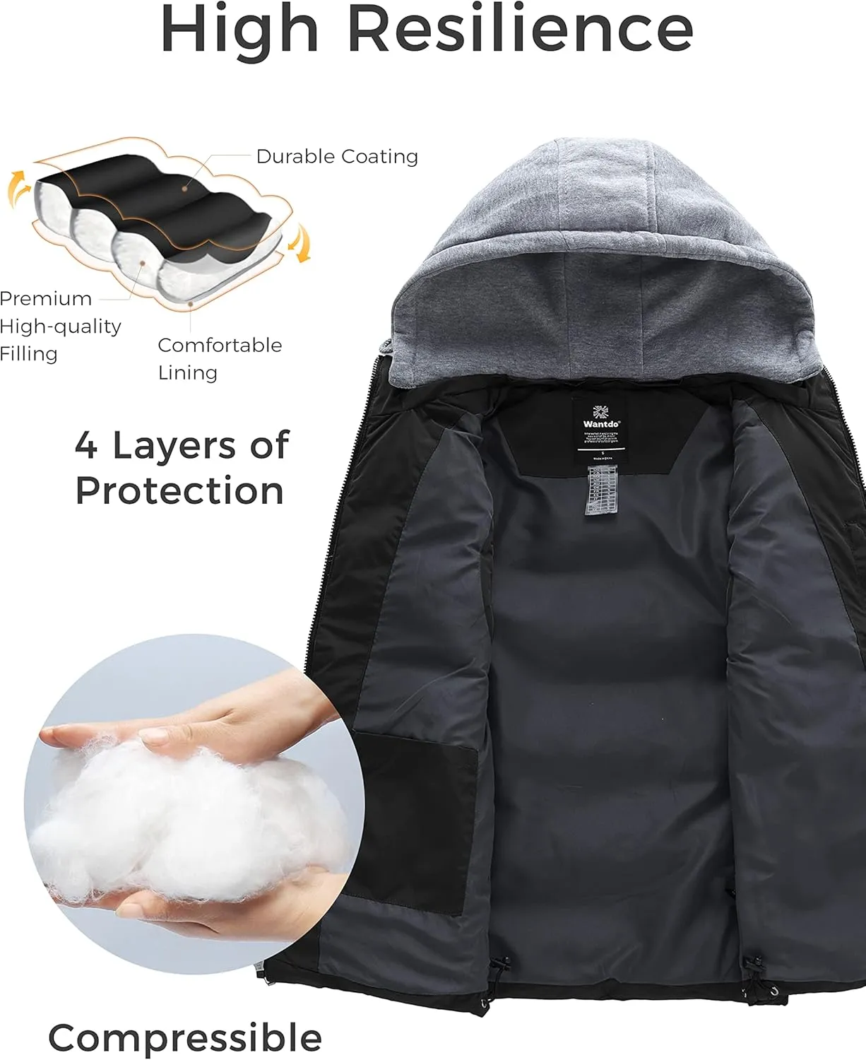 wantdo Men's Winter Vest Thick Padded Sleeveless Jacket Quilted Puffer Vest with Detachable Hood
