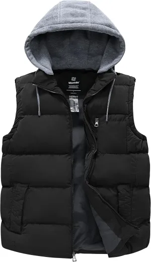 wantdo Men's Winter Vest Thick Padded Sleeveless Jacket Quilted Puffer Vest with Detachable Hood