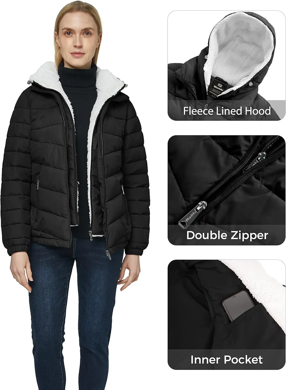 wantdo Women's Quilted Winter Coats Hooded Warm Puffer Jacket with Fleece Hood