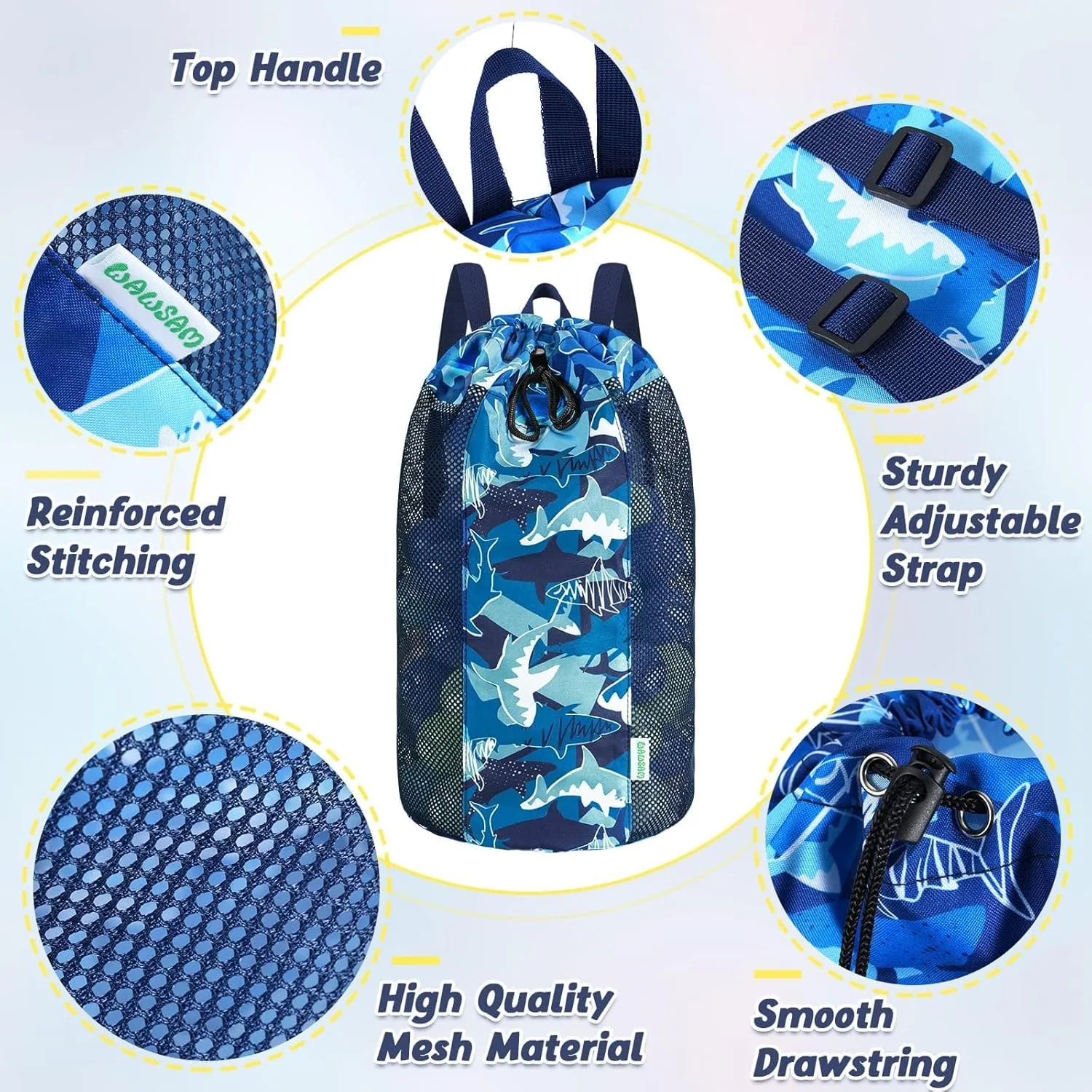 WAWSAM Shark Large Mesh Beach Bag for Kids, Kids Drawstring Beach Backpack for Boys, Tote Mesh Beach Toys Bag, Swim Pool Toys Balls Storage Bags Gym Bag, Beach Toy Shells Organizer