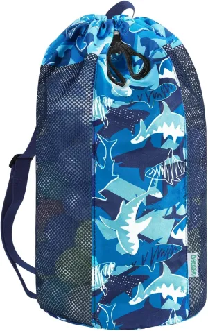 WAWSAM Shark Large Mesh Beach Bag for Kids, Kids Drawstring Beach Backpack for Boys, Tote Mesh Beach Toys Bag, Swim Pool Toys Balls Storage Bags Gym Bag, Beach Toy Shells Organizer