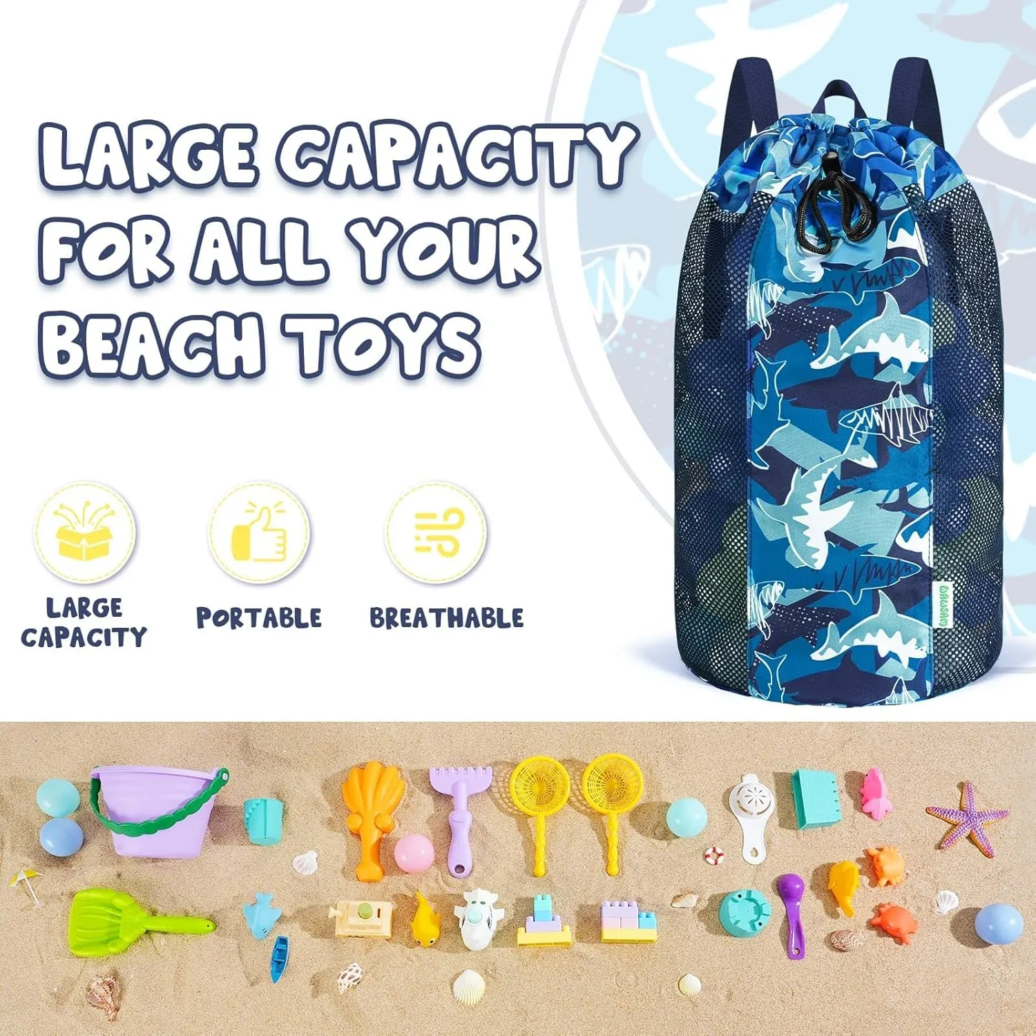 WAWSAM Shark Large Mesh Beach Bag for Kids, Kids Drawstring Beach Backpack for Boys, Tote Mesh Beach Toys Bag, Swim Pool Toys Balls Storage Bags Gym Bag, Beach Toy Shells Organizer