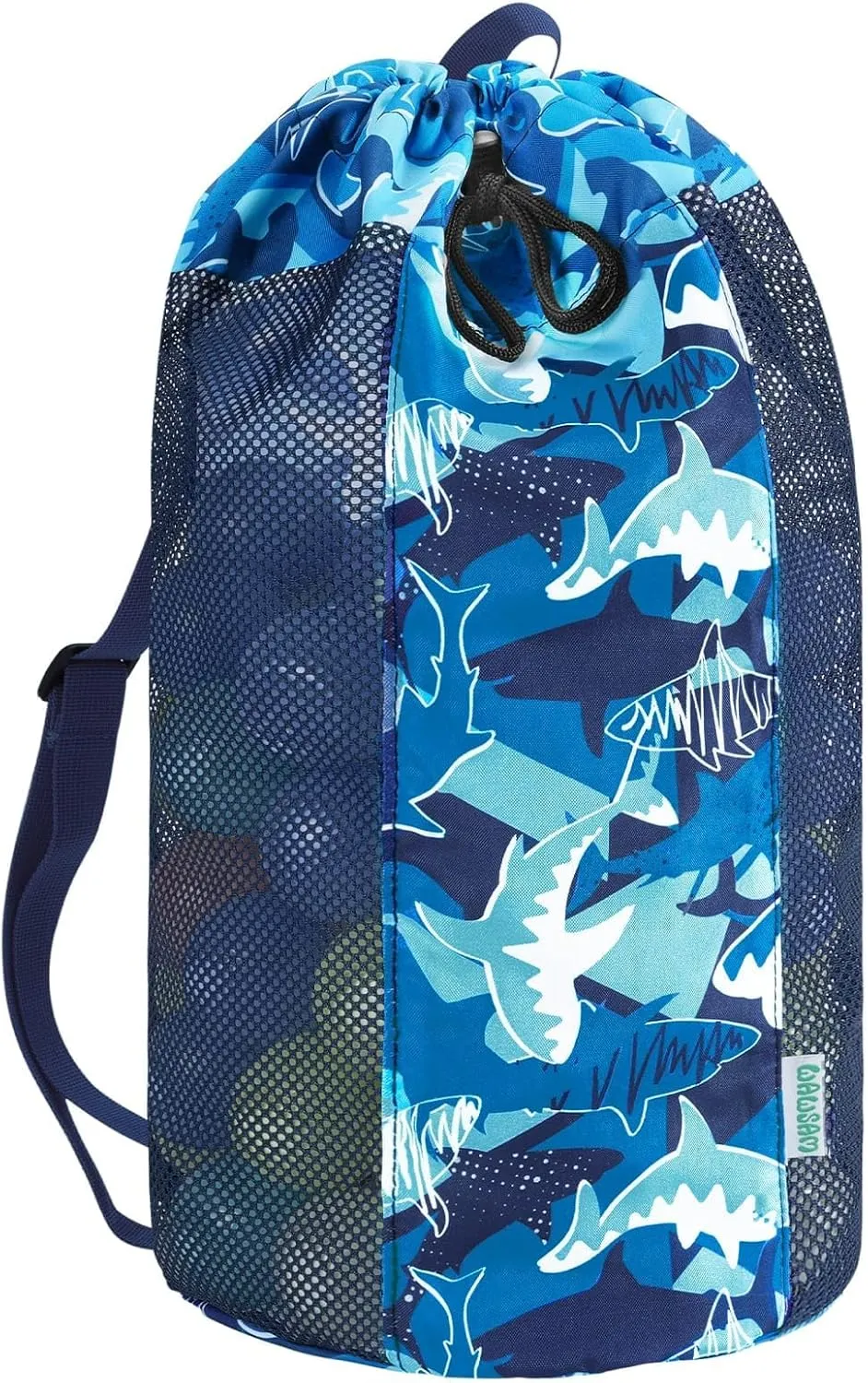 WAWSAM Shark Large Mesh Beach Bag for Kids, Kids Drawstring Beach Backpack for Boys, Tote Mesh Beach Toys Bag, Swim Pool Toys Balls Storage Bags Gym Bag, Beach Toy Shells Organizer
