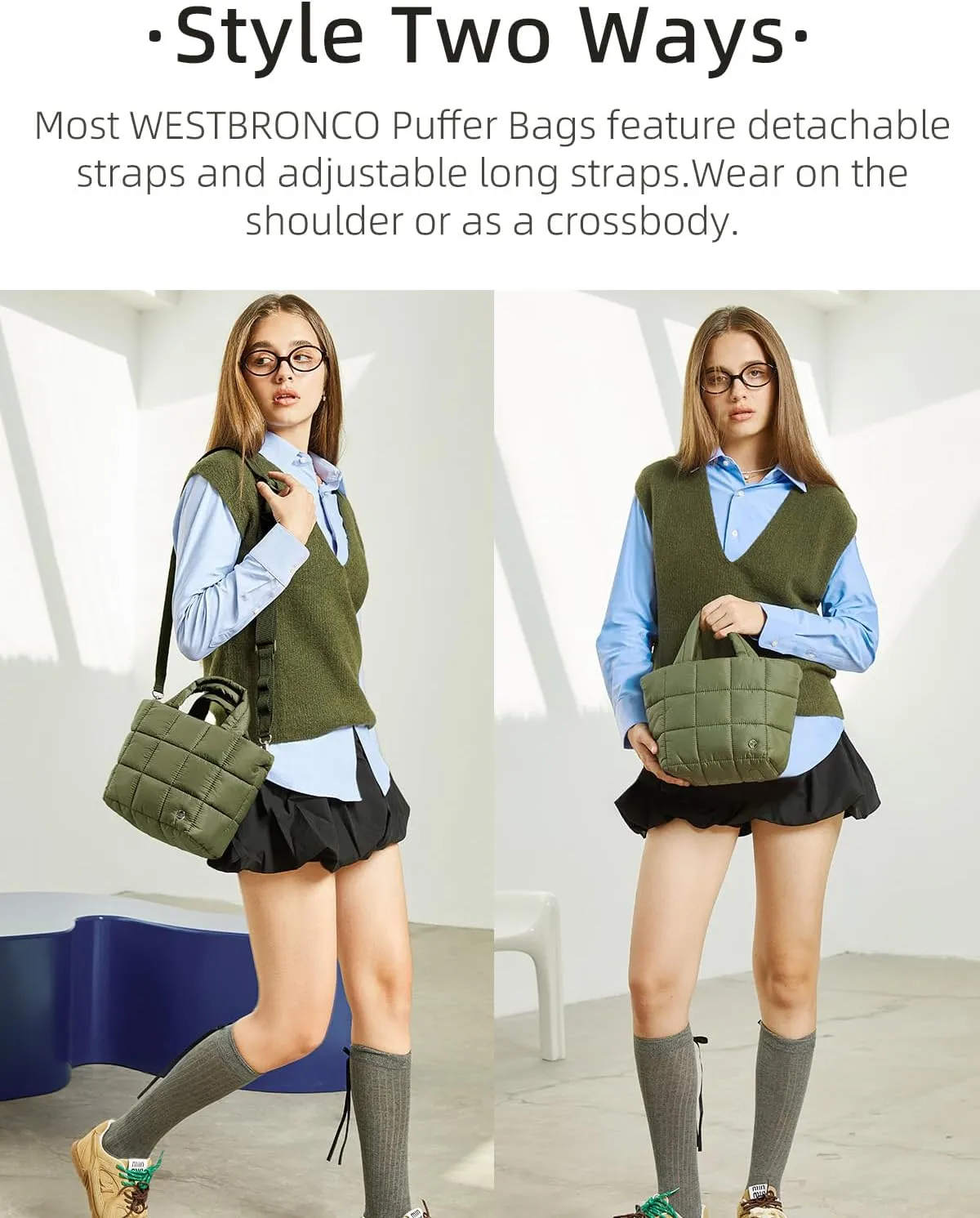 WESTBRONCO Small Puffer Bag Quilted Crossbody Bags for Women Puffy Purse Nylon Shoulder Handbag with Adjustable Strap