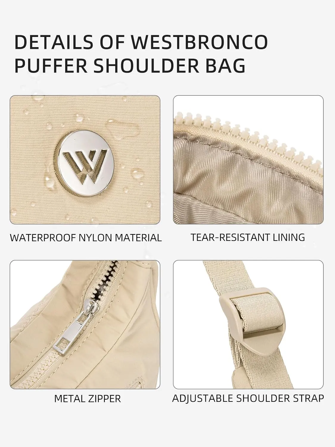 WESTBRONCO Small Puffer Crescent Shoulder Bag for Women, Nylon Quilted Shoulder Purses, Puffy Handbags with Adjustable Strap