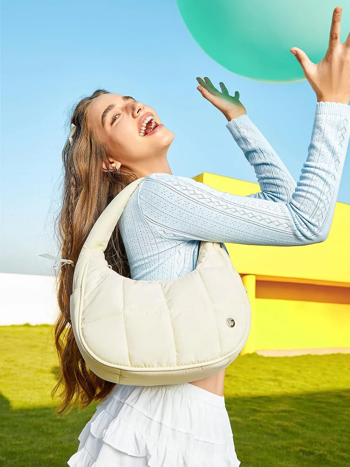 WESTBRONCO Small Puffer Crescent Shoulder Bag for Women, Nylon Quilted Shoulder Purses, Puffy Handbags with Adjustable Strap