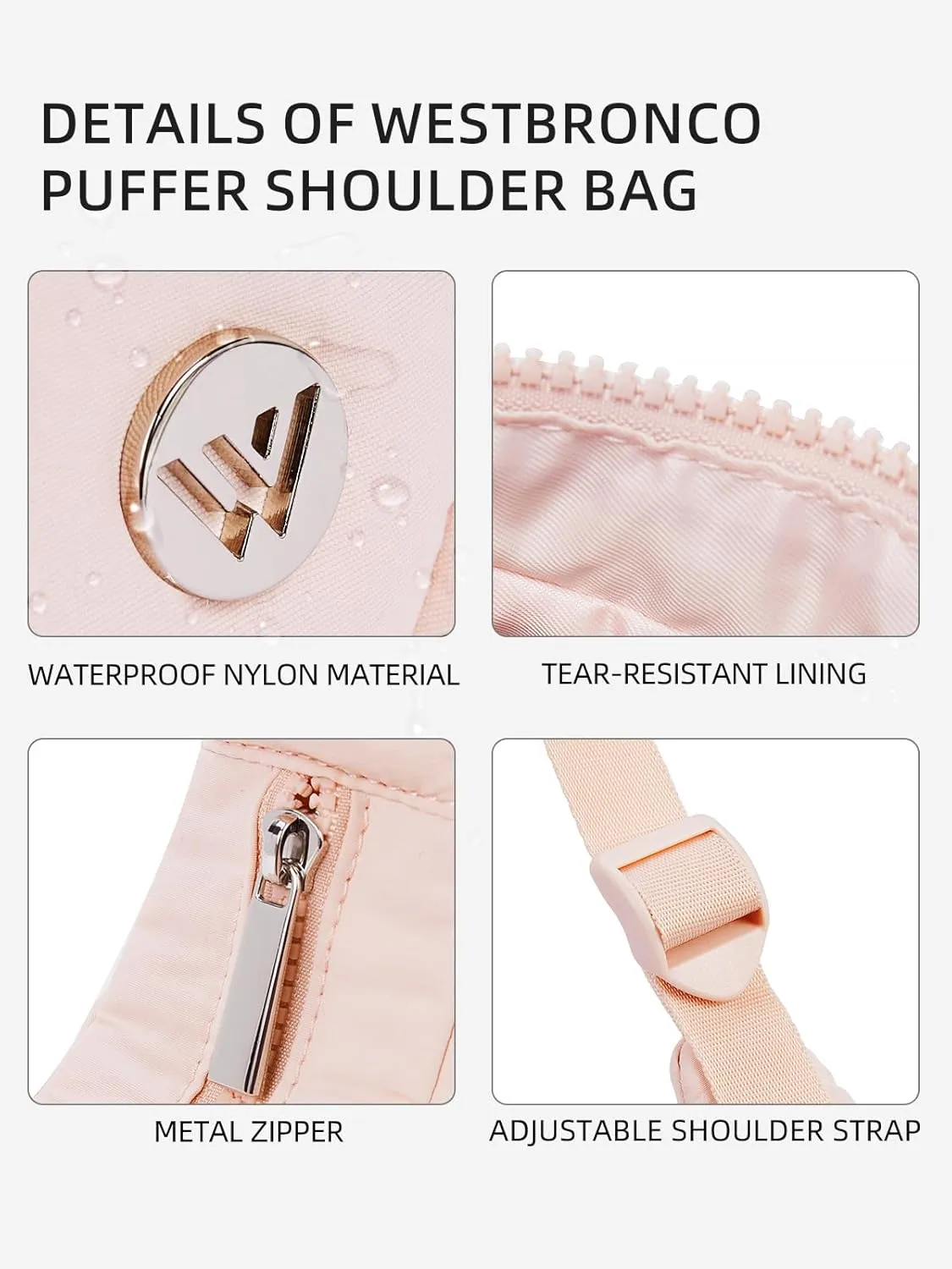 WESTBRONCO Small Puffer Crescent Shoulder Bag for Women, Nylon Quilted Shoulder Purses, Puffy Handbags with Adjustable Strap