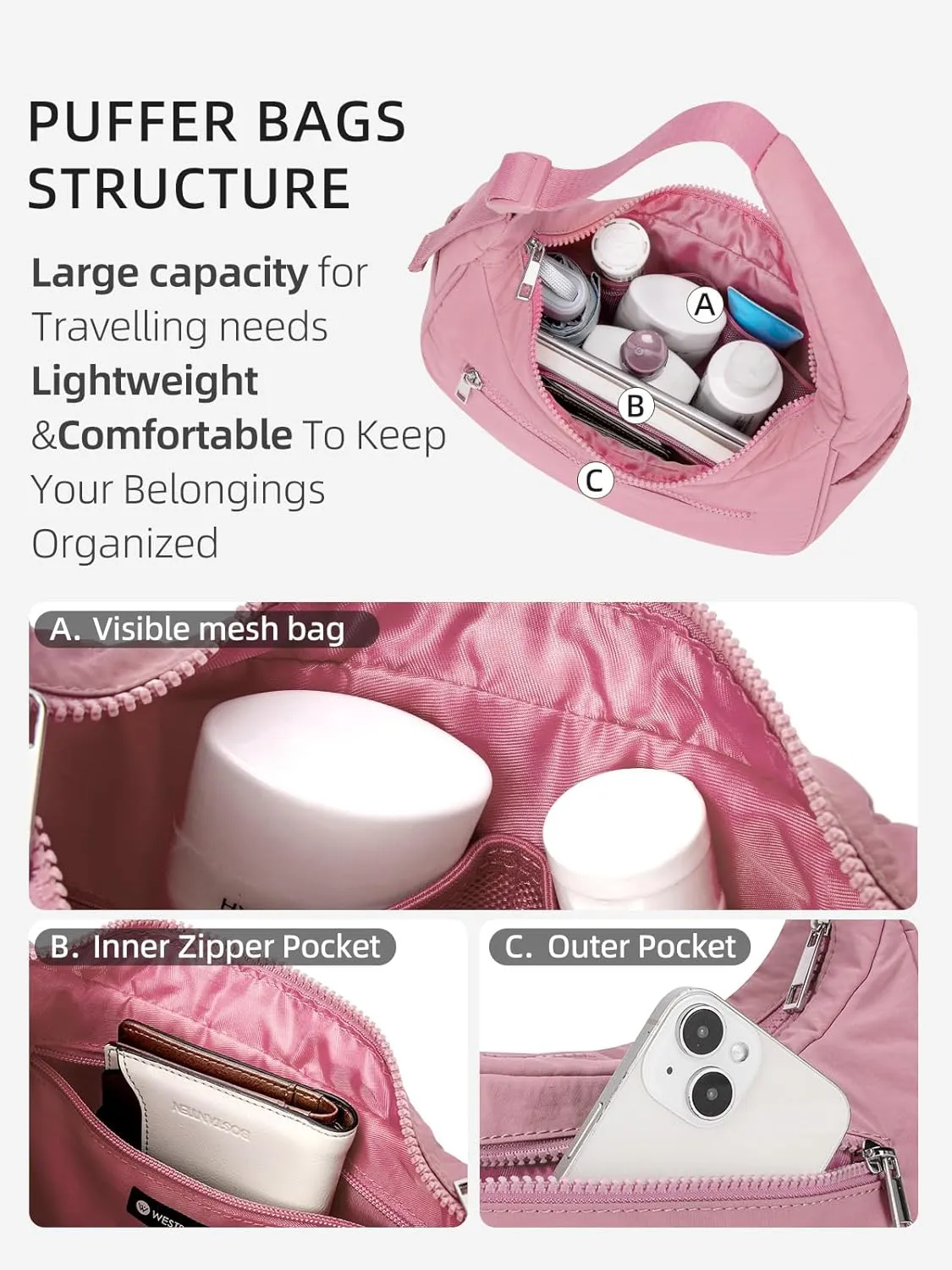 WESTBRONCO Small Puffer Crescent Shoulder Bag for Women, Nylon Quilted Shoulder Purses, Puffy Handbags with Adjustable Strap