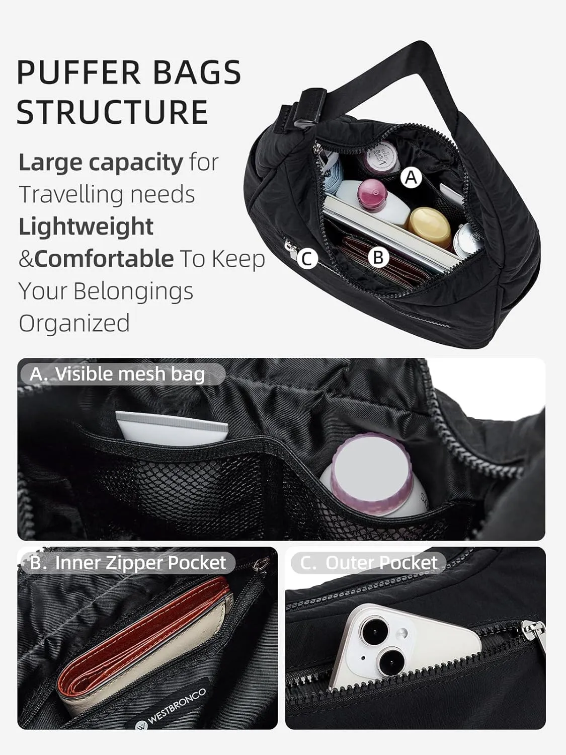 WESTBRONCO Small Puffer Crescent Shoulder Bag for Women, Nylon Quilted Shoulder Purses, Puffy Handbags with Adjustable Strap