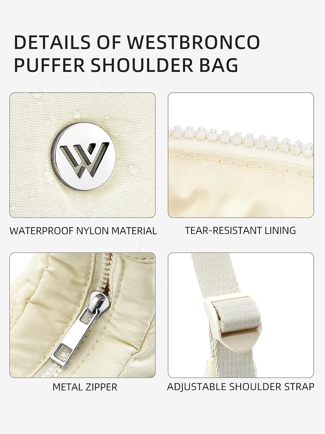 WESTBRONCO Small Puffer Crescent Shoulder Bag for Women, Nylon Quilted Shoulder Purses, Puffy Handbags with Adjustable Strap