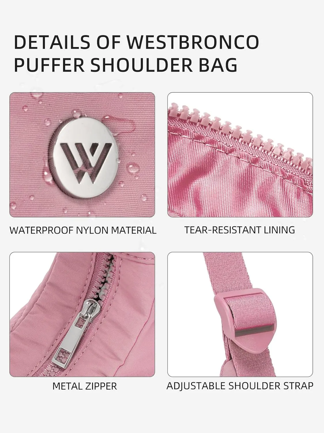 WESTBRONCO Small Puffer Crescent Shoulder Bag for Women, Nylon Quilted Shoulder Purses, Puffy Handbags with Adjustable Strap