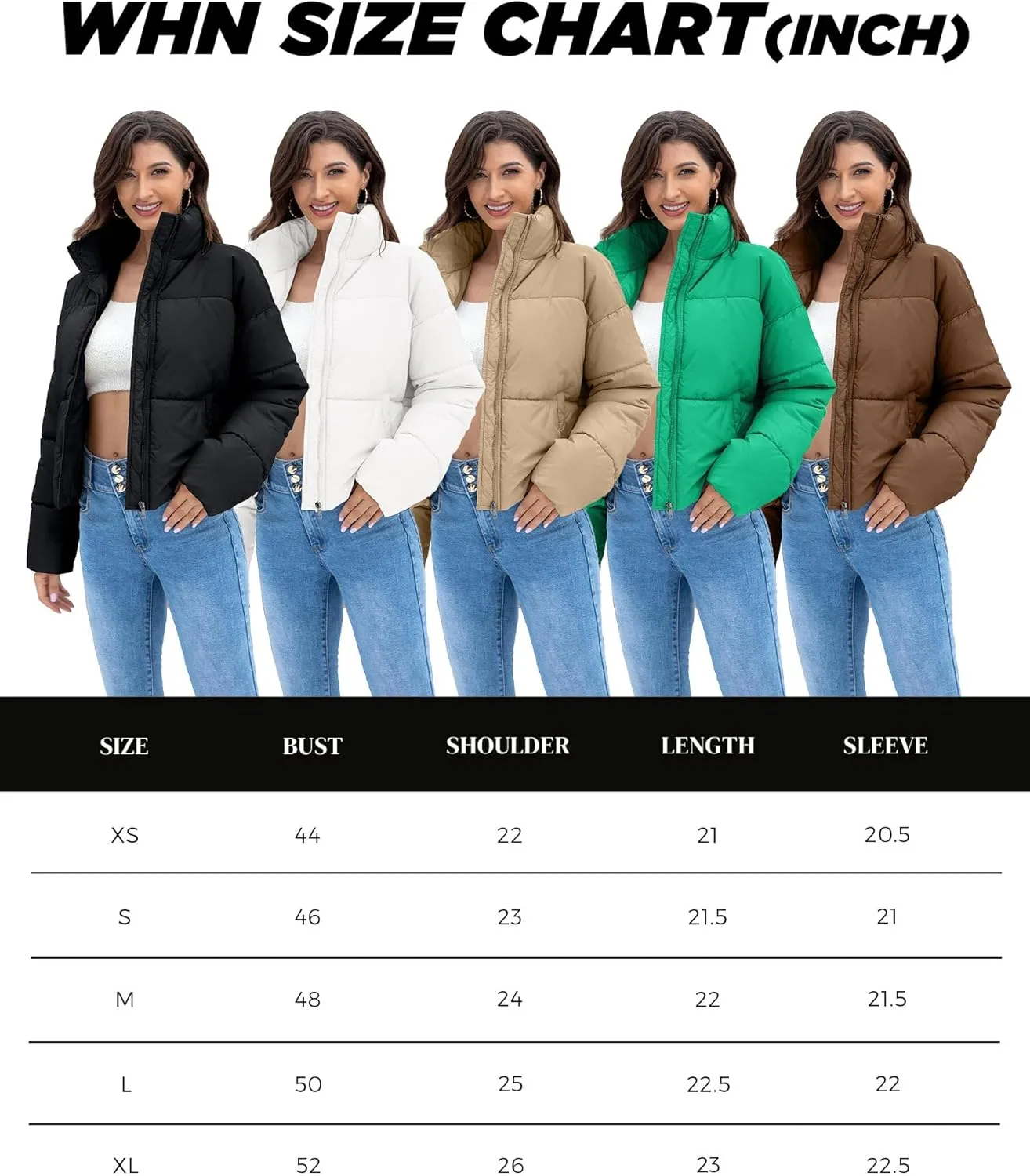 WHN Women' s Cropped Quilted Puffer Jacket Outerwear Coat Winter Warm Full Zipper Padded Jacket
