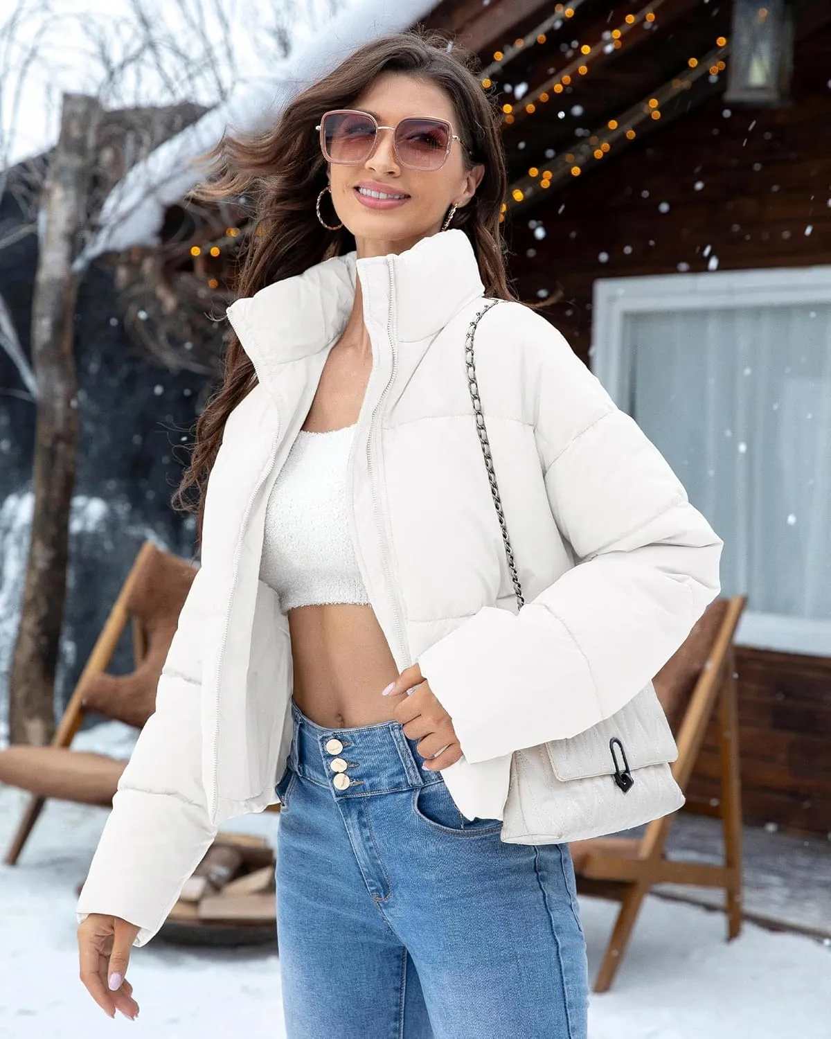 WHN Women' s Cropped Quilted Puffer Jacket Outerwear Coat Winter Warm Full Zipper Padded Jacket