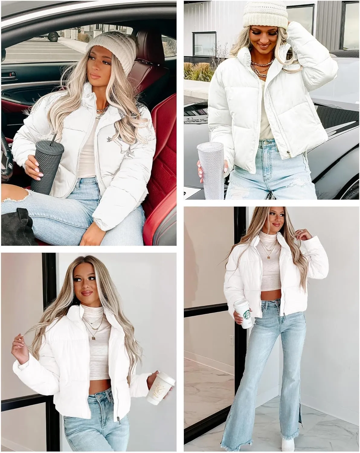 WHN Women' s Cropped Quilted Puffer Jacket Outerwear Coat Winter Warm Full Zipper Padded Jacket