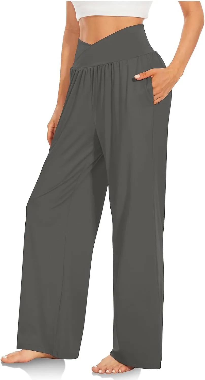 Wide Leg Yoga Pants Women Summer Lightweight Crossover Waist Athletic Pants Crossover Low Waist Running Workout Pants