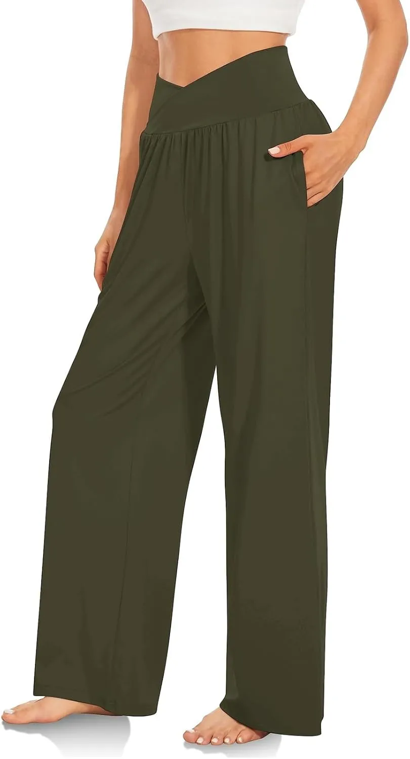 Wide Leg Yoga Pants Women Summer Lightweight Crossover Waist Athletic Pants Crossover Low Waist Running Workout Pants