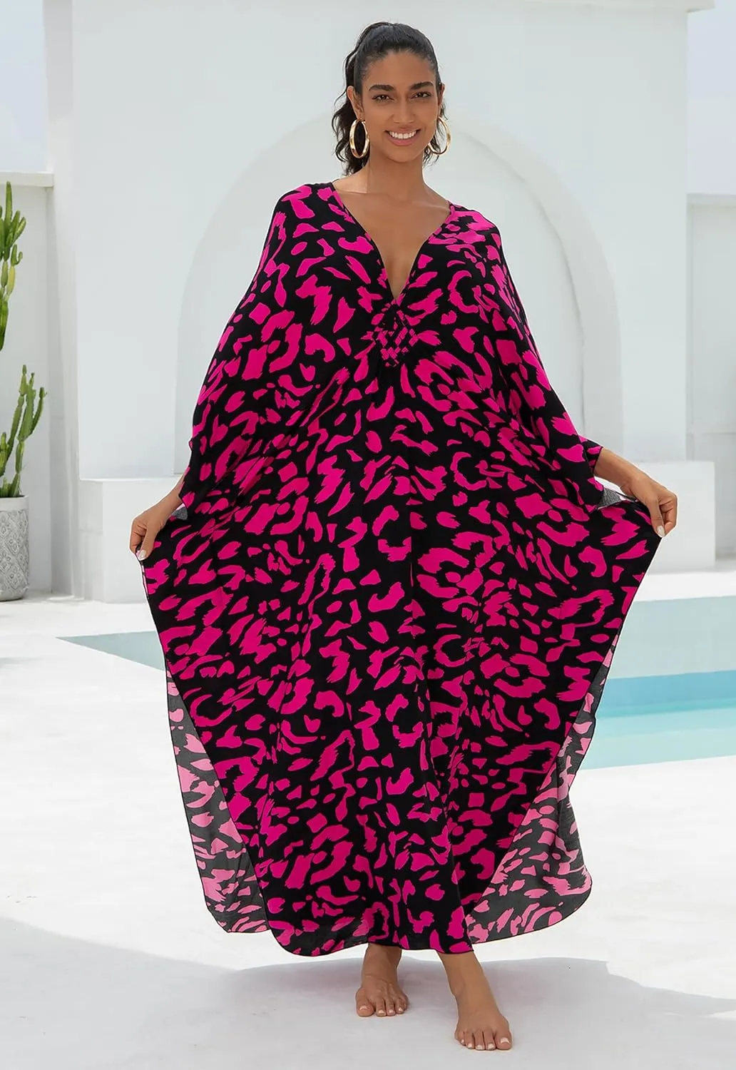 Women Animal Print Kaftan Dresses Plus Size Swimsuit Coverup 2025 Summer Bathing Suit Caftan Loungewear Beach Dress