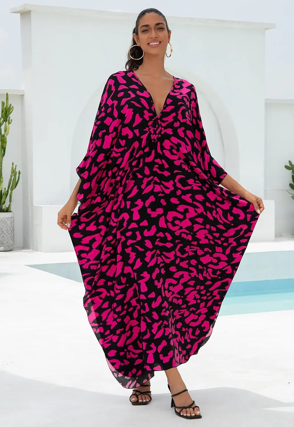 Women Animal Print Kaftan Dresses Plus Size Swimsuit Coverup 2025 Summer Bathing Suit Caftan Loungewear Beach Dress