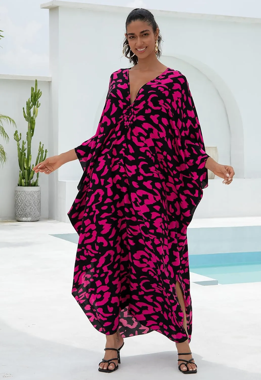 Women Animal Print Kaftan Dresses Plus Size Swimsuit Coverup 2025 Summer Bathing Suit Caftan Loungewear Beach Dress