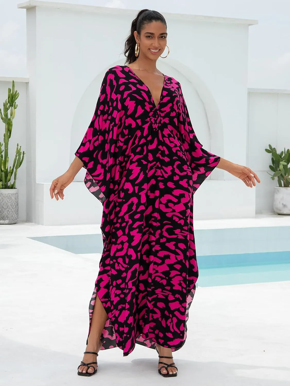 Women Animal Print Kaftan Dresses Plus Size Swimsuit Coverup 2025 Summer Bathing Suit Caftan Loungewear Beach Dress