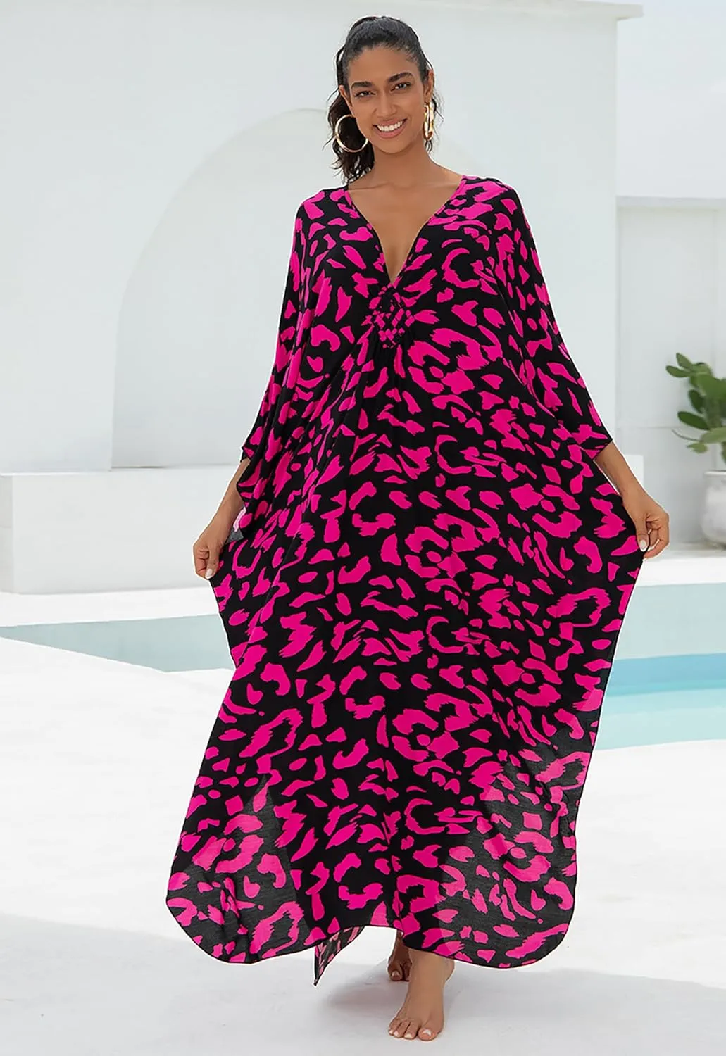 Women Animal Print Kaftan Dresses Plus Size Swimsuit Coverup 2025 Summer Bathing Suit Caftan Loungewear Beach Dress