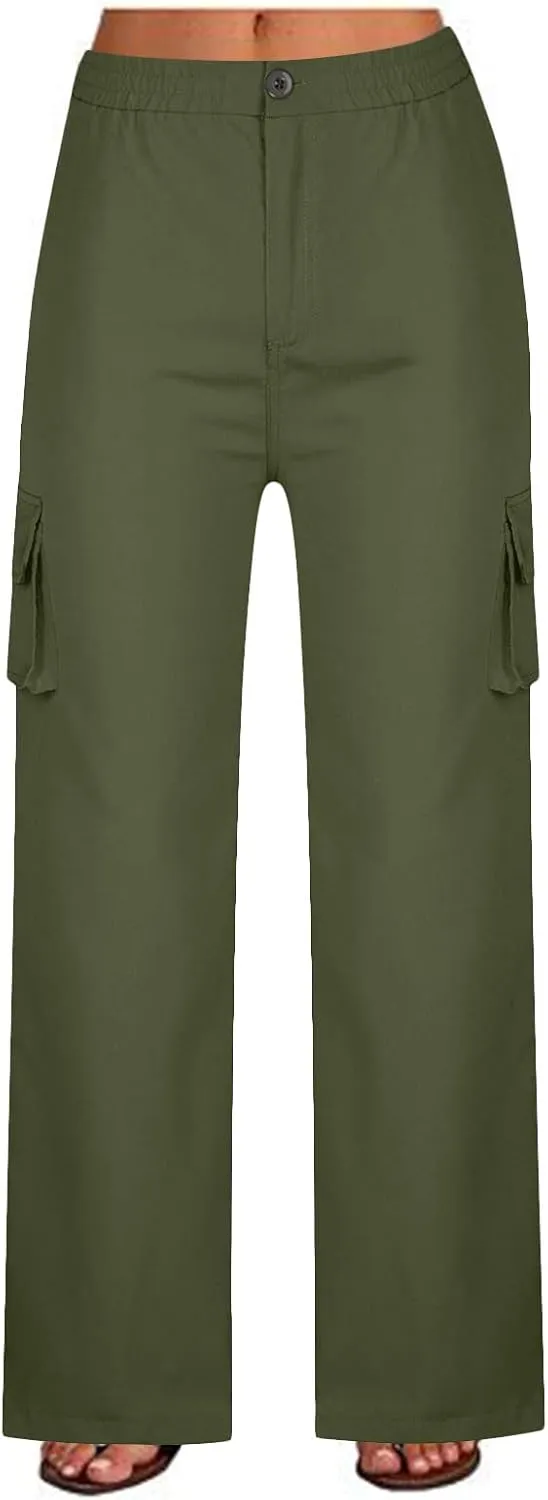 Women Cargo Pants Work Wear Solid Straight Leg Pants with Multiple Pockets Full Pants Available in Plus Size