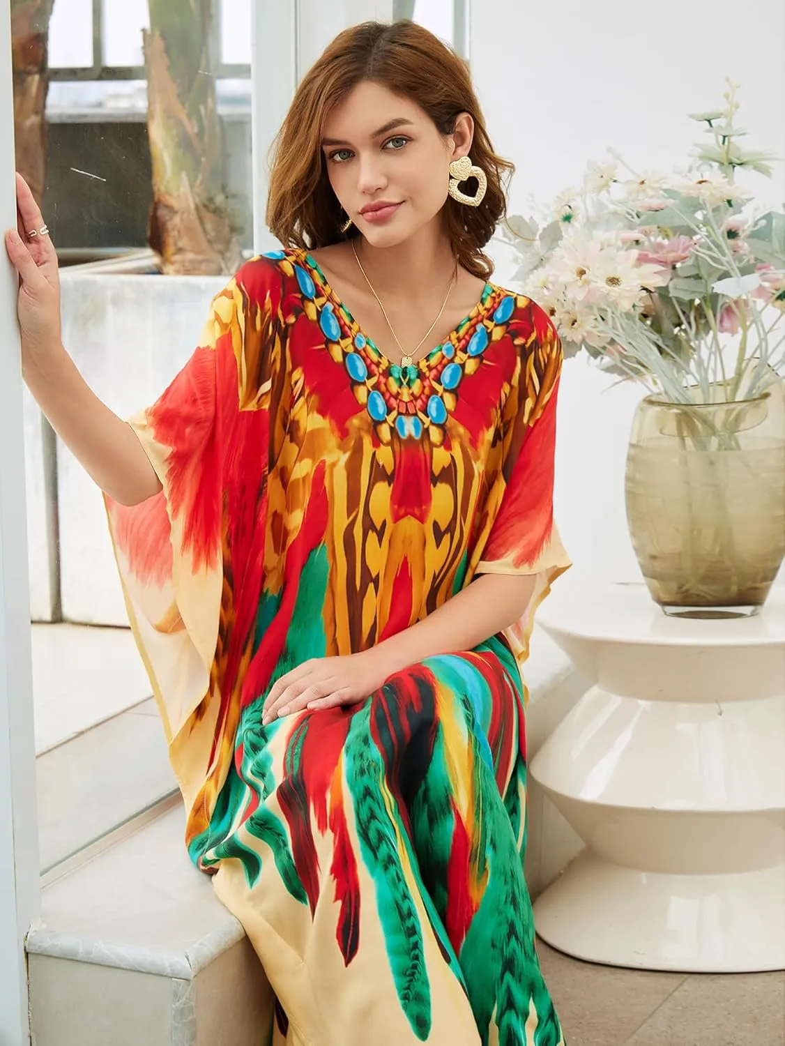 Women Elastic caftan Rayon Ethnic Print kaftans Floral Print Over Sized Caftans Lounge wear