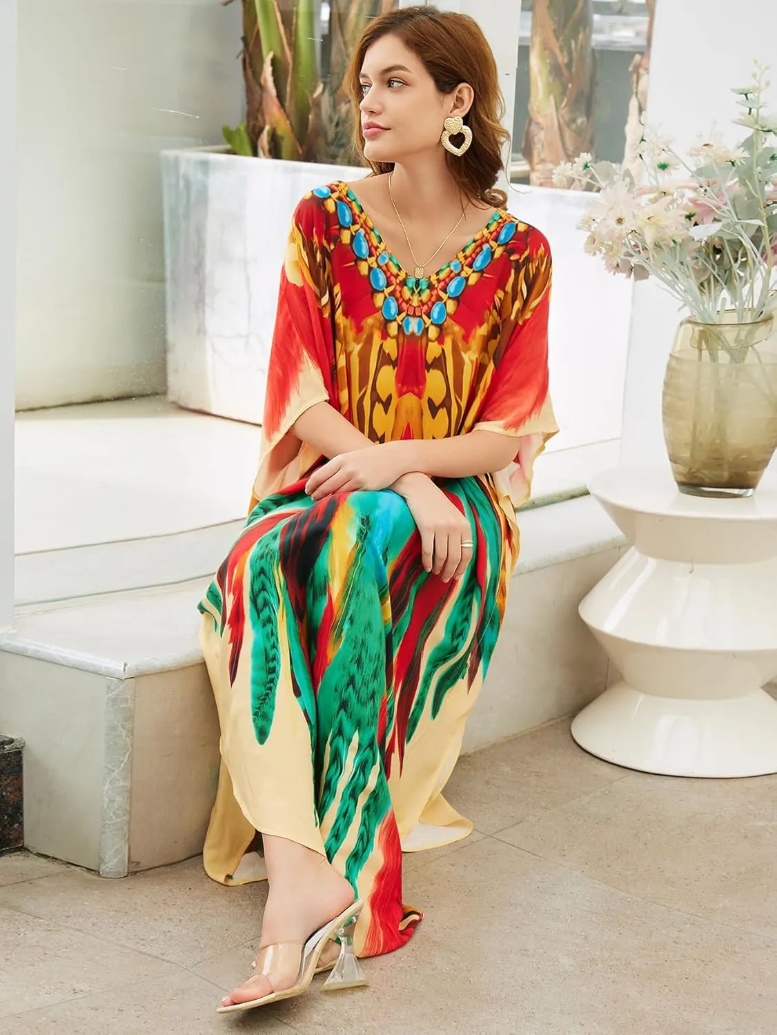 Women Elastic caftan Rayon Ethnic Print kaftans Floral Print Over Sized Caftans Lounge wear