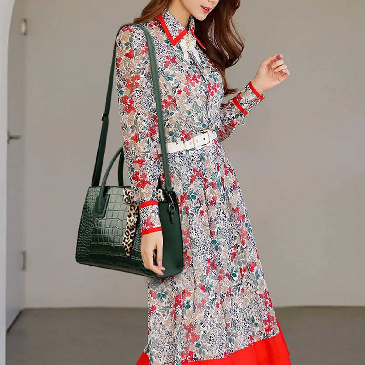 Women Fashion Handbag Crocodile Pattern Purse Shoulder Bag Bowknot Satchel Top-Handle Bag Tote for Work,Travel,Party