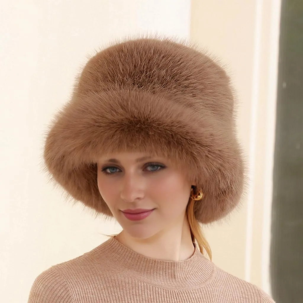 Women Faux Fur Hat Winter Plush Fluffy Bucket Hat Winter Furry Fisherman Cap