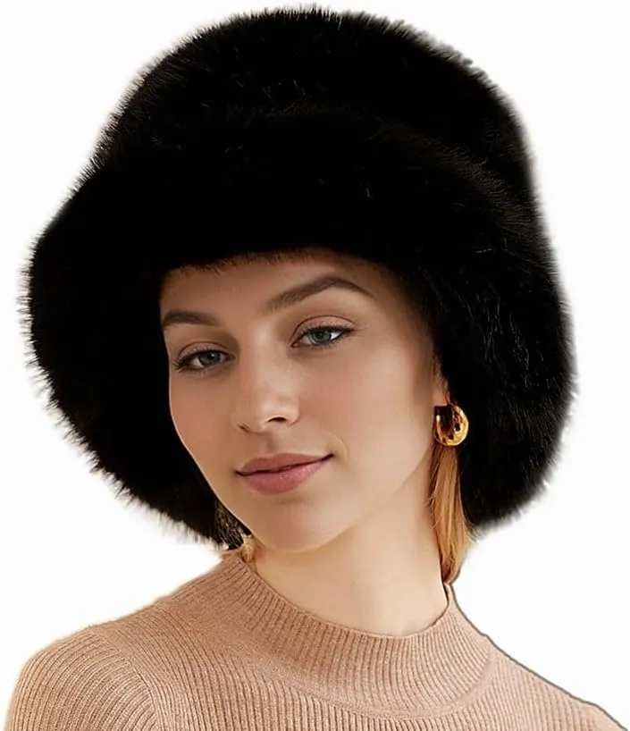 Women Faux Fur Hat Winter Plush Fluffy Bucket Hat Winter Furry Fisherman Cap