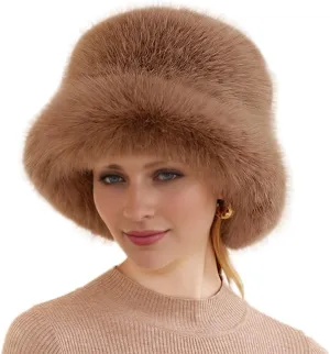 Women Faux Fur Hat Winter Plush Fluffy Bucket Hat Winter Furry Fisherman Cap