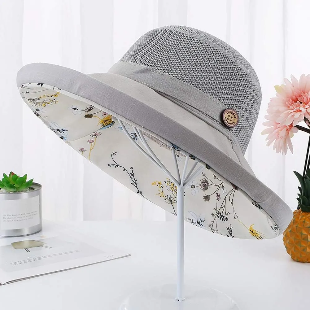 Women Mesh Sun Hats Summer Beach UV Protection UPF Packable Wide Brim Chin Strap