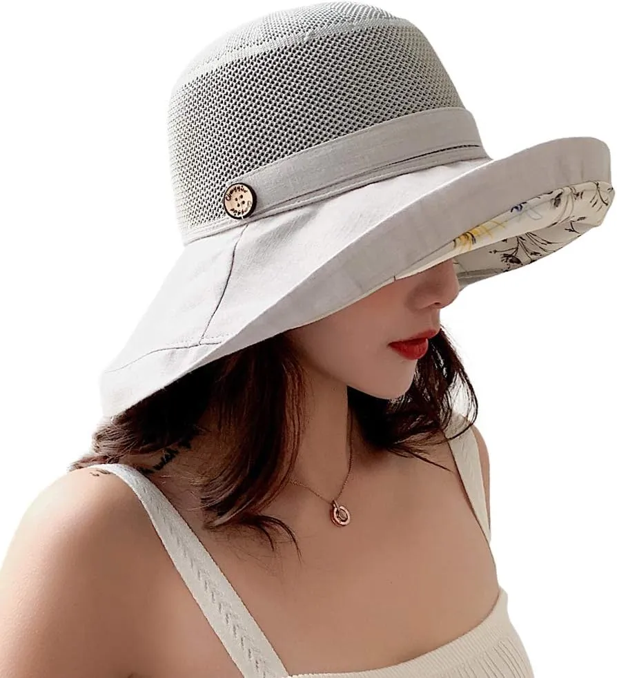 Women Mesh Sun Hats Summer Beach UV Protection UPF Packable Wide Brim Chin Strap