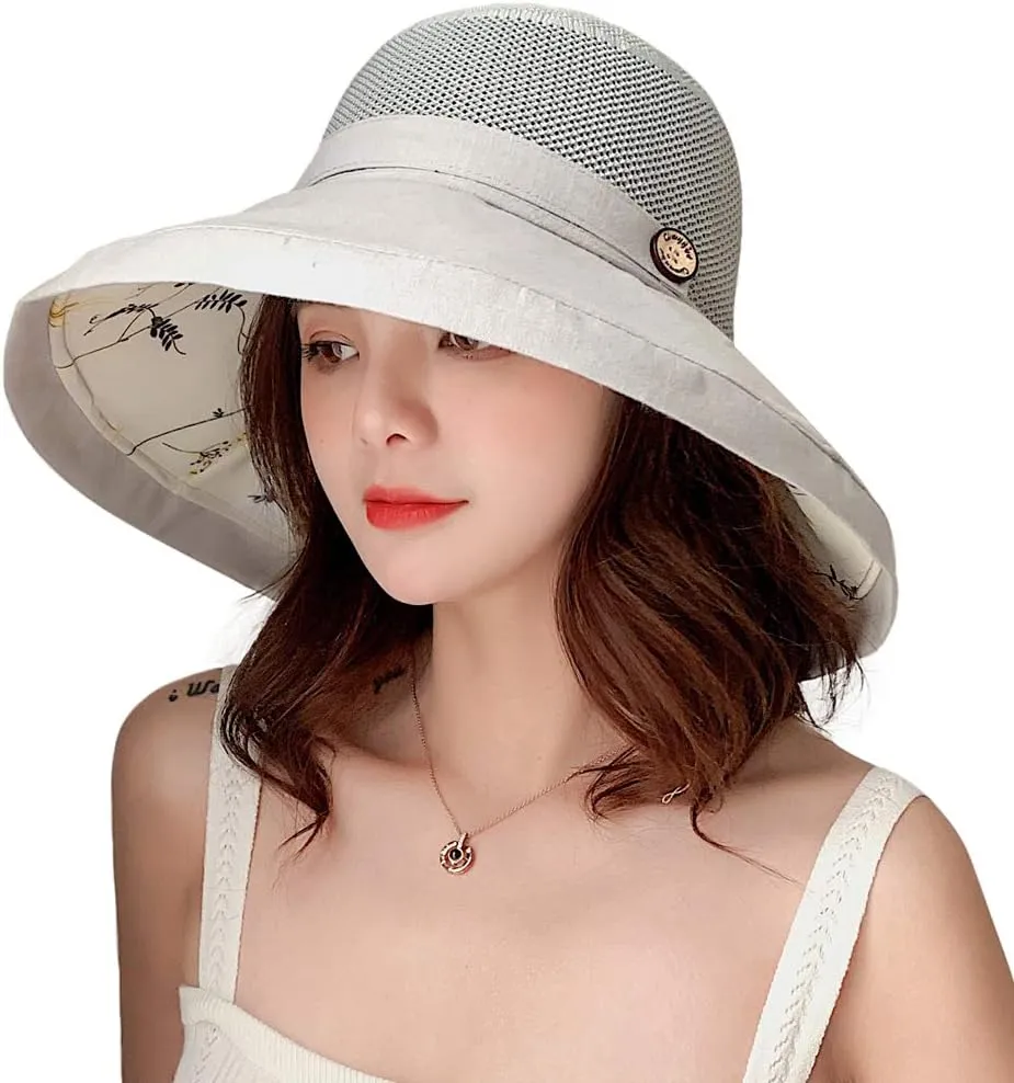 Women Mesh Sun Hats Summer Beach UV Protection UPF Packable Wide Brim Chin Strap
