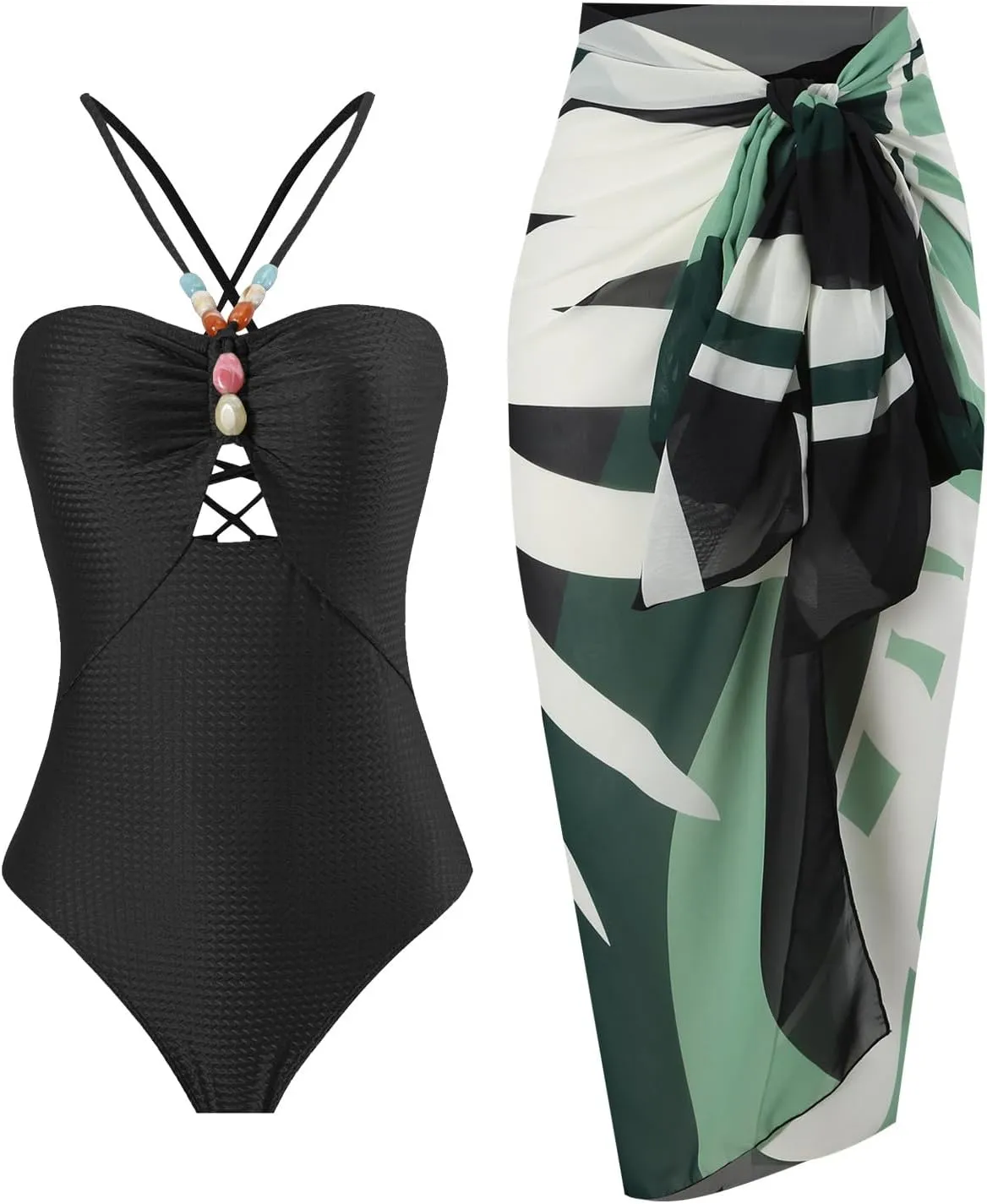Women One-Piece Swimsuit with Cover up Wrap Skirt Sarong Bathing Suit Beach Outfit Summer