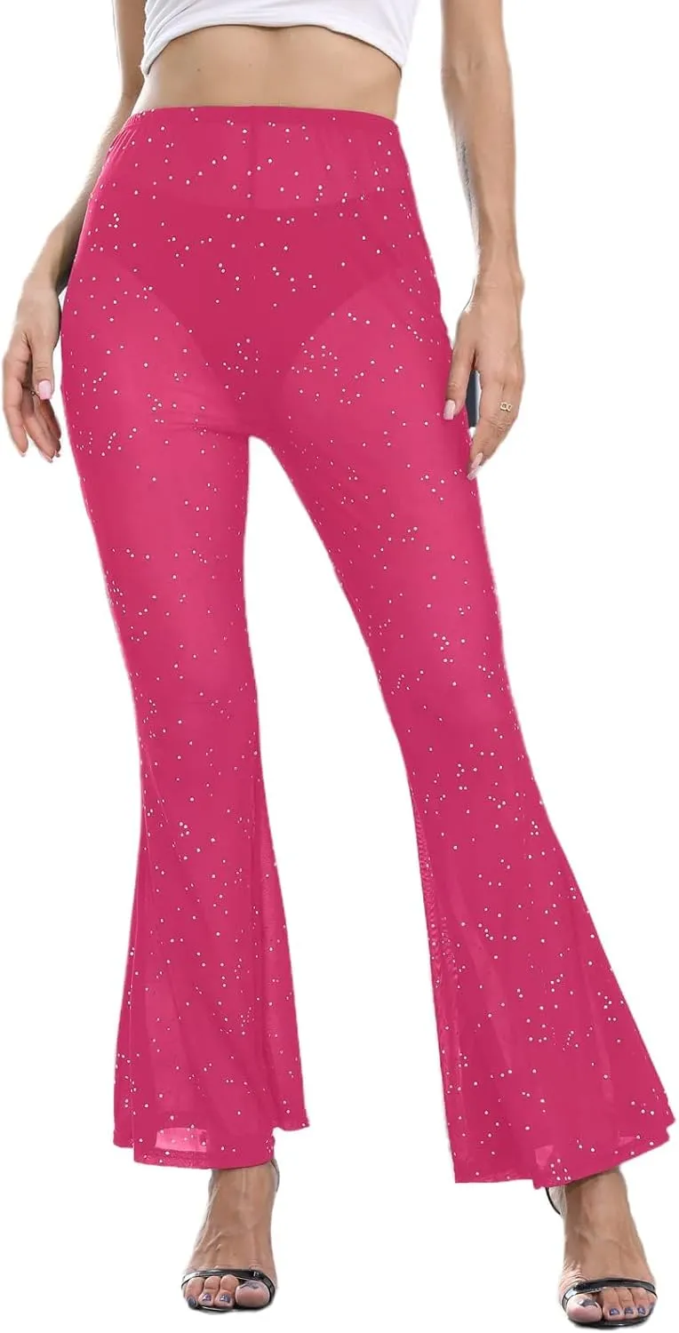 Women Rave Mesh Sheer Pants Flared Bell Bottom Pants for Dance Festival Clubwear
