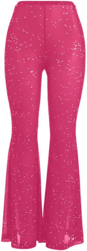 Women Rave Mesh Sheer Pants Flared Bell Bottom Pants for Dance Festival Clubwear