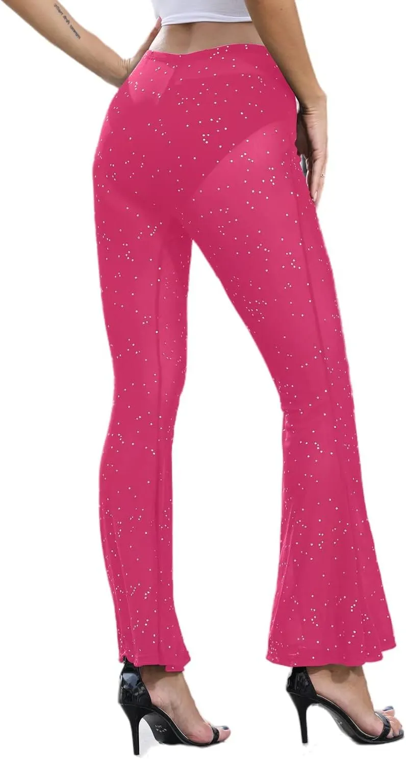 Women Rave Mesh Sheer Pants Flared Bell Bottom Pants for Dance Festival Clubwear